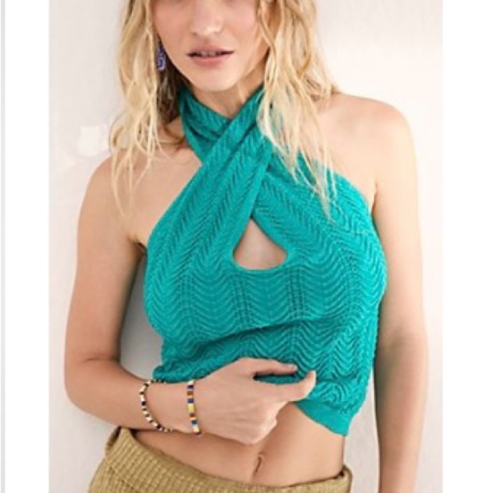 Free People Green Knitted Halter Crop Top SMALL NWOT